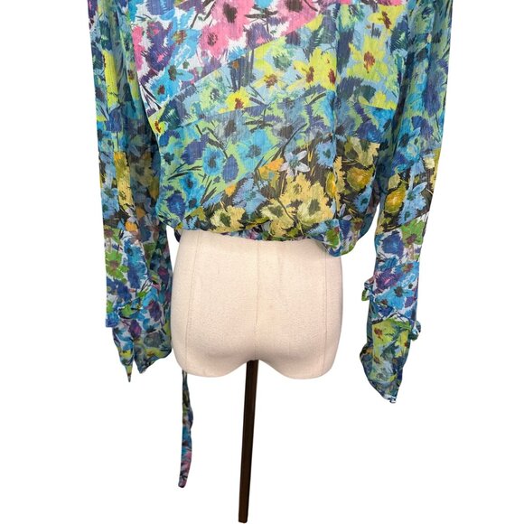 ZARA Floral Wrap Ruffle Blouse M Multicolor Sheer Long Sleeve Made In Morocco - Picture 5 of 11